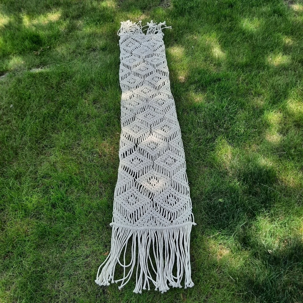 Boho Cream Macrame Woven Table Runner With Long Fringe Ends